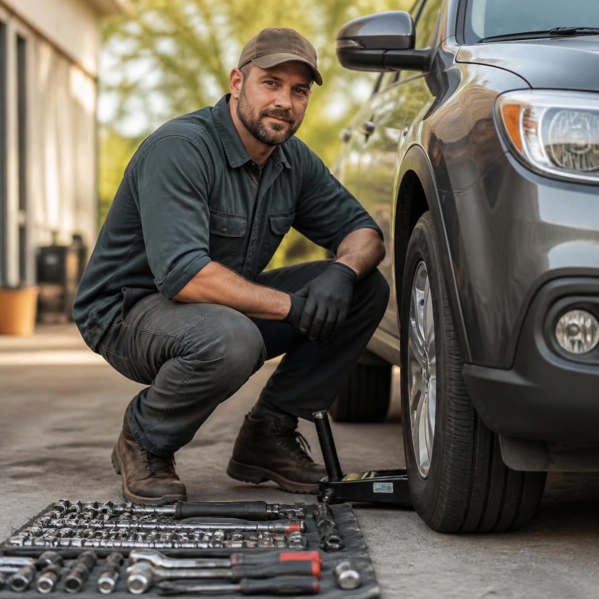 Mechanic kneeling beside a vehicle with tools laid out neatly