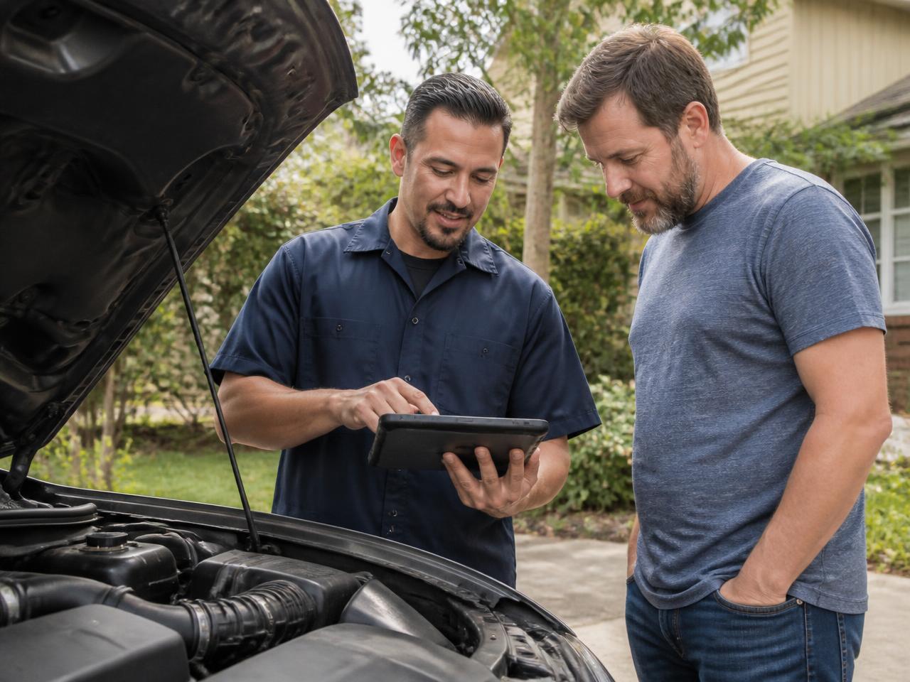 Mechanic showing a diagnostic reading to a car owner beside an open hood